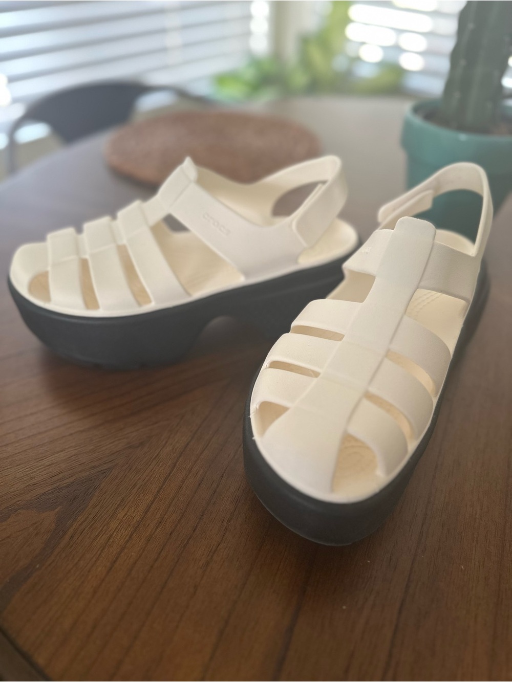 CROCS Cream-White Platform Fisherman Sandals with Black Sole